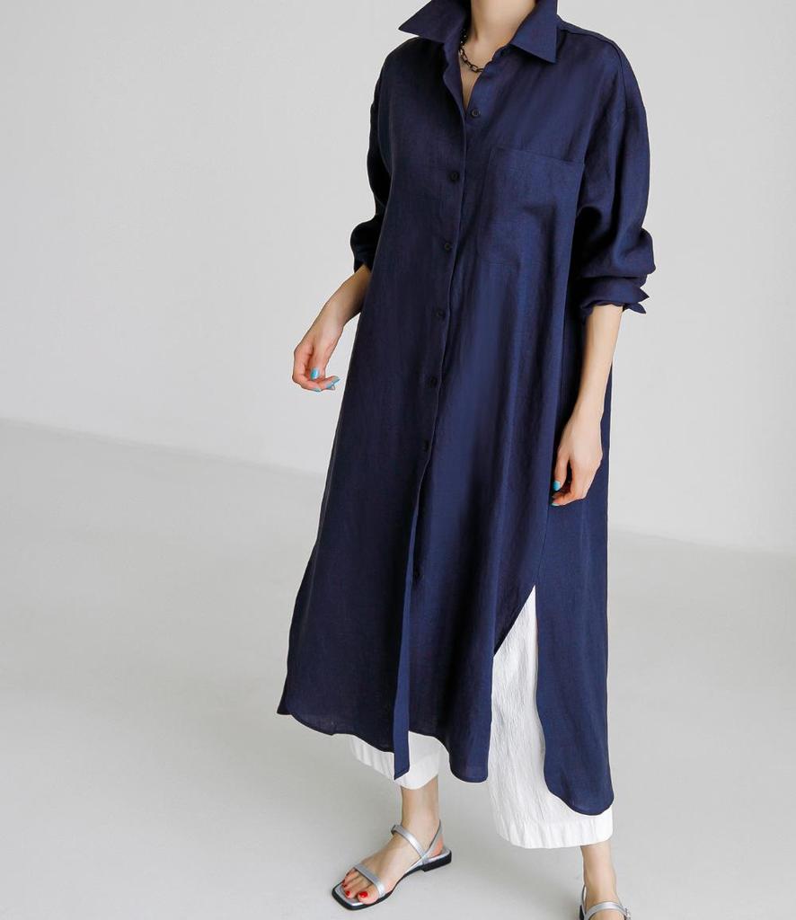 Spring/Summer 2025 Oversized Cotton Linen Shirt Dress with Long Cardigan and Long Sleeves