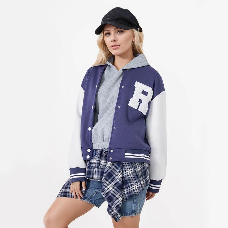 

Женская однобортная бейсбольная куртка свободного кроя с длинным рукавом, ярких цветов и вышитыми буквами S темно-синий