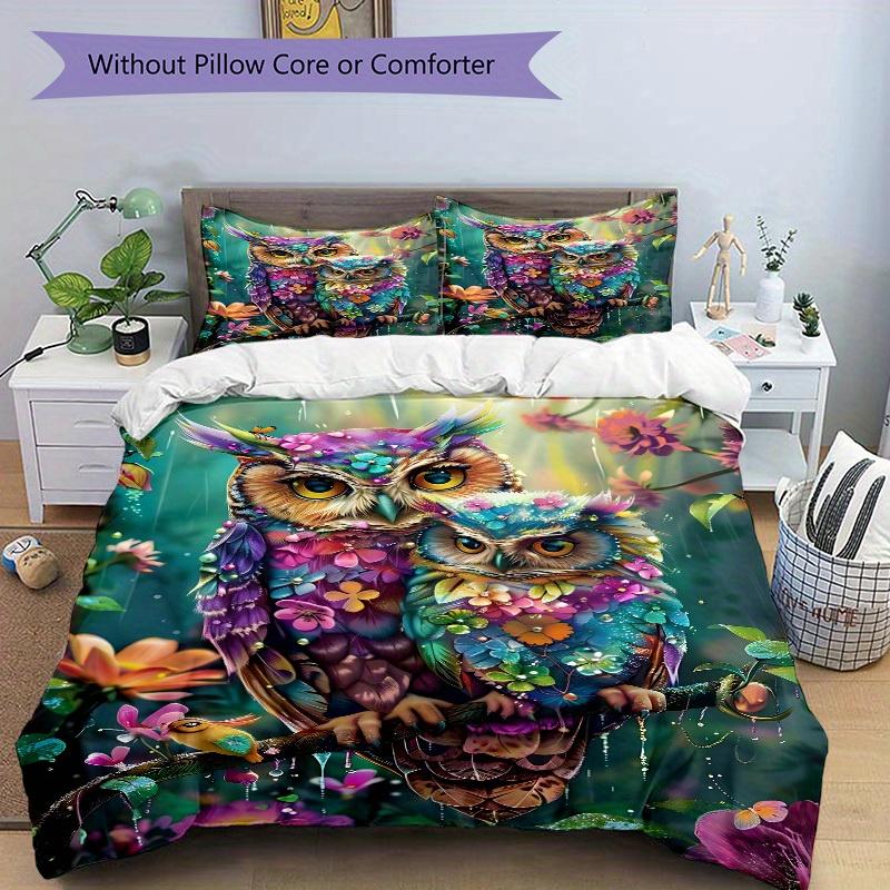 3pcs Animal-themed Floral Owls Soft and Comfortable Breathability, Bedding Set, Machine Washable, Suitable for All Seasons131