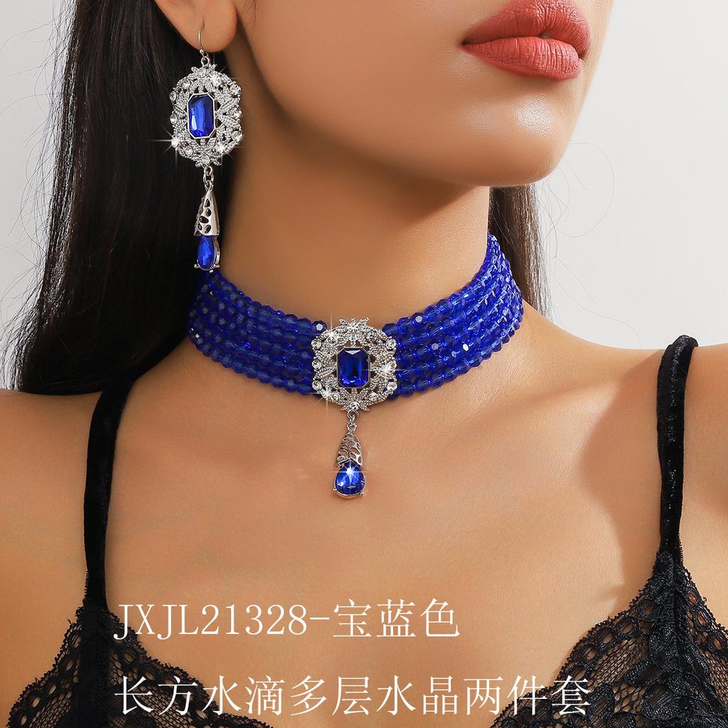 European and American Luxury Multi-layer Crystal Water Drop Pendant Bundle Neck Chain Jewelry Earrings Exaggerated Color Crystal Necklace Women