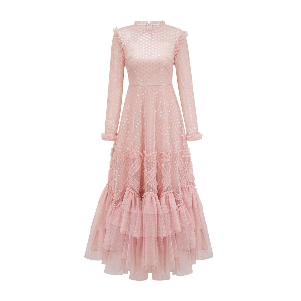 New Round Neck Long-sleeved Dress Sweet and Fresh Dress Long-sleeved High-waisted Long Dress