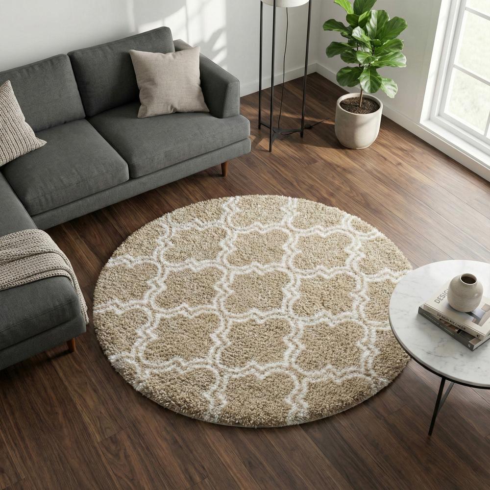 Dywan okrągły do salonu shaggy DECOR antypoślizgowy miękki puszysty 140x140 Khaki Lantern