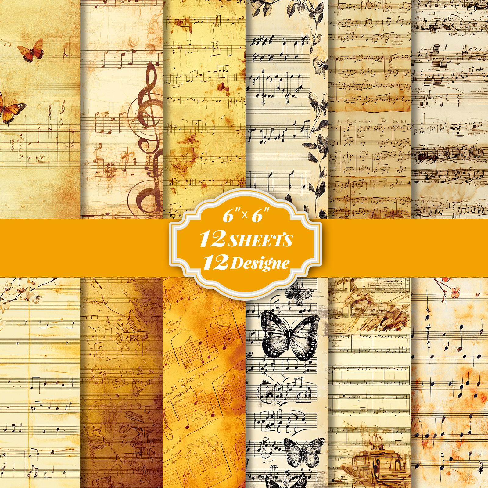 12 Sheets/Pack Retro Sheet Music Hand Account Material Paper Retro Wind Hand Account Background Paper Backing Paper