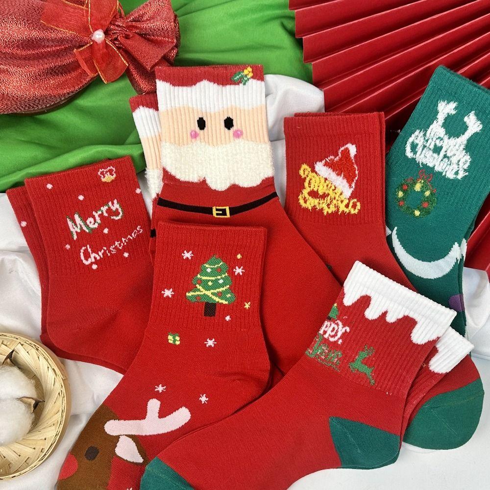 

5Pairs Snowman Mid-calf Socks Cartoon Cotton Socks Women Soft Christmas Socks Girl 5 Pairs Santa Claus