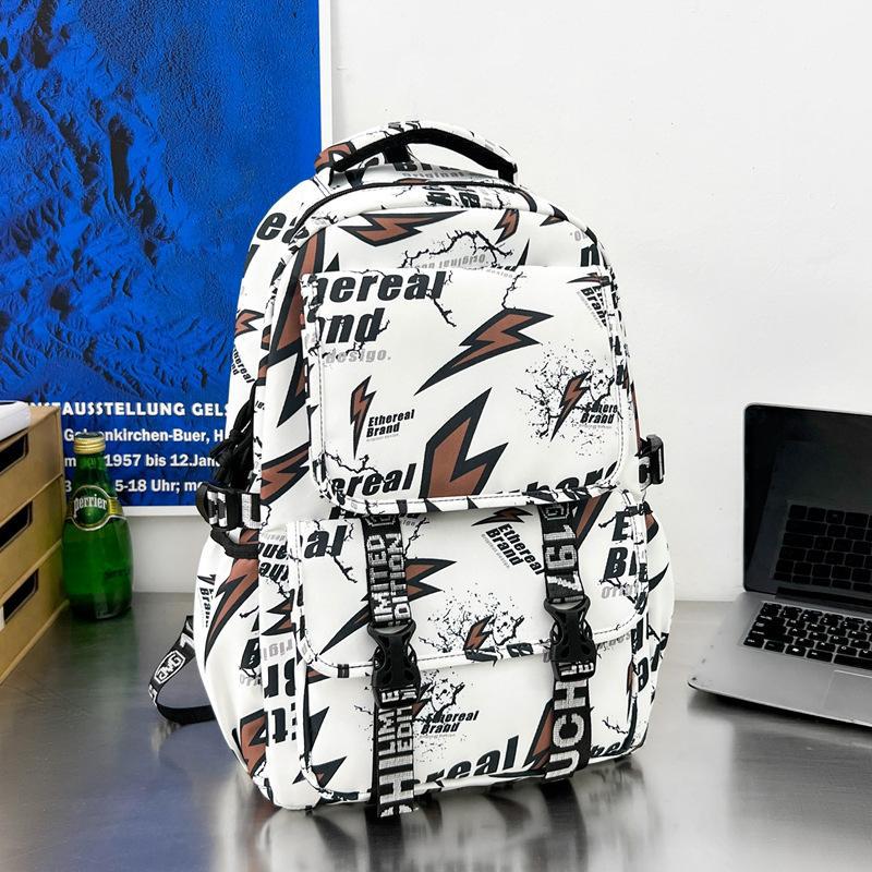 Schoolbag Japanese ins Street Lightning Personality Graffiti Backpack Trendy Cool Handsome Teen Boys Strong Durable Backpack