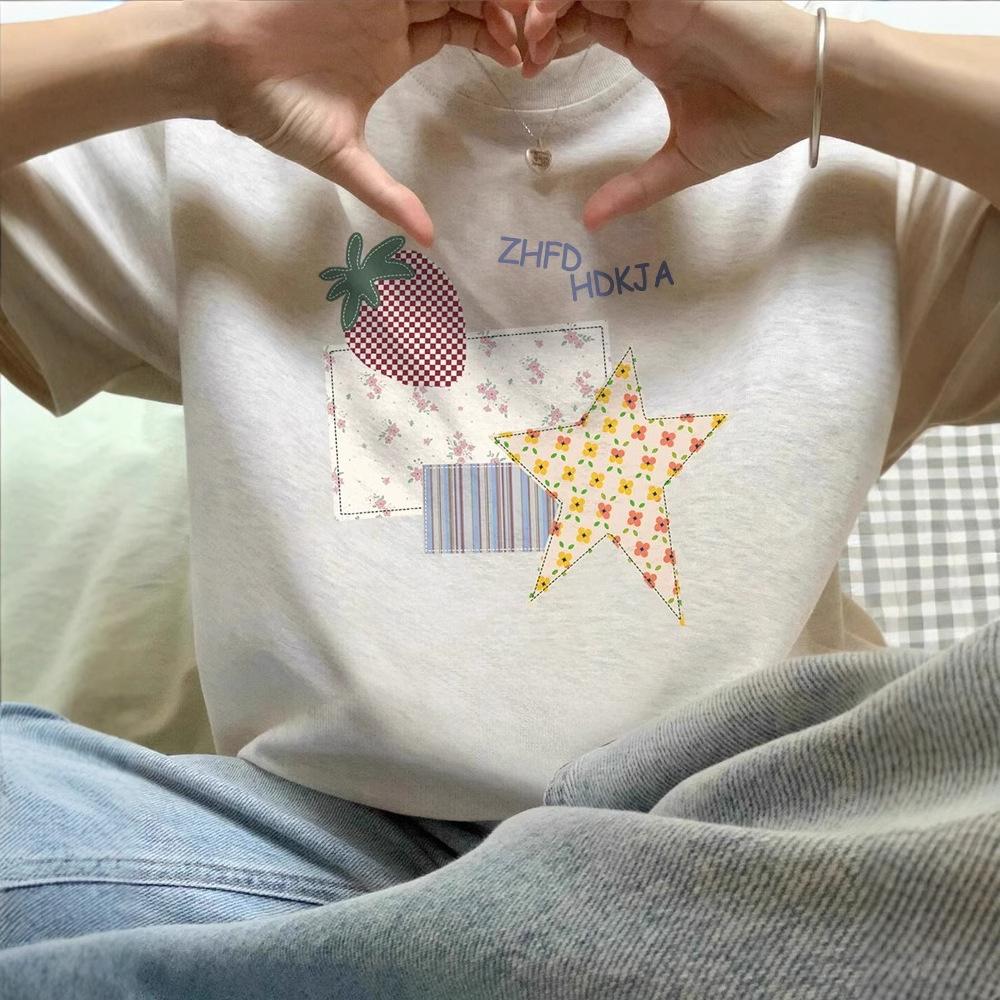 catty pure cotton American retro small man front shoulder short-sleeved t-shirt women's summer loose lazy half-sleeved t-shirt top
