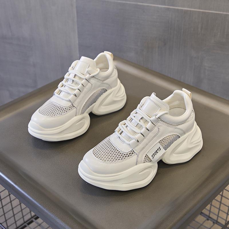 Women's 2024 Summer White Mesh & Leather Height-Enhancing Casual Shoes with Thick Sole.
