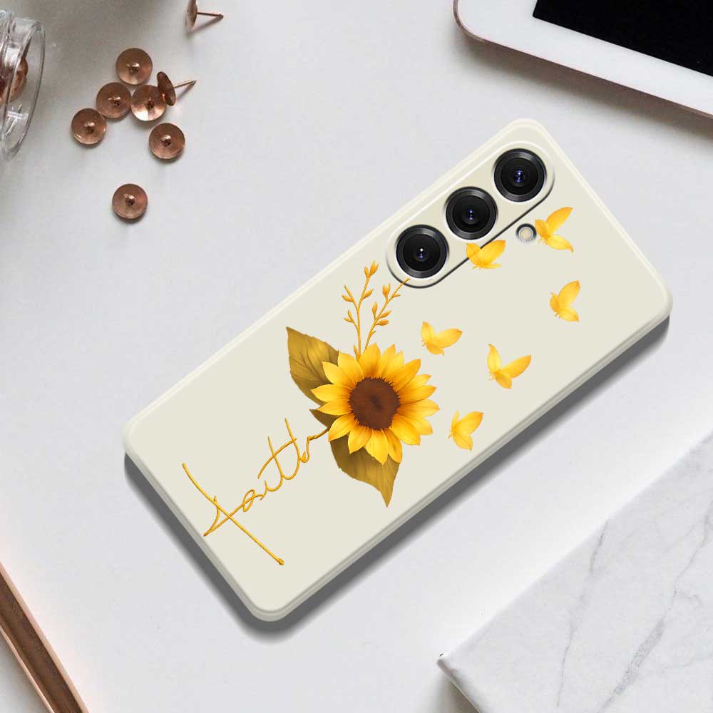 For Samsung Galaxy S25 Case Golden Butterfly Sunflower Pattern Printing Straight Edge TPU Phone Back Cover