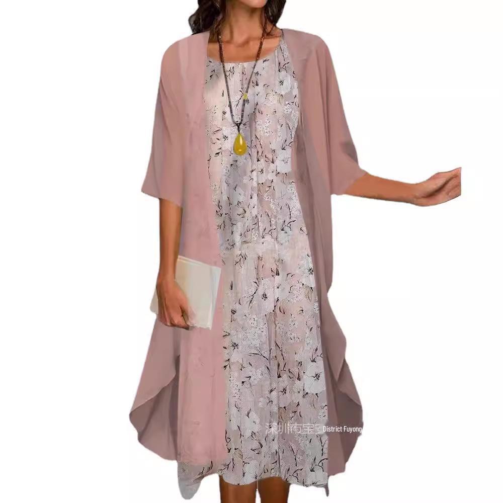 Top-Selling European & American Fashion: Spring & Autumn Casual Printed Chiffon Dress Two-Piece Set