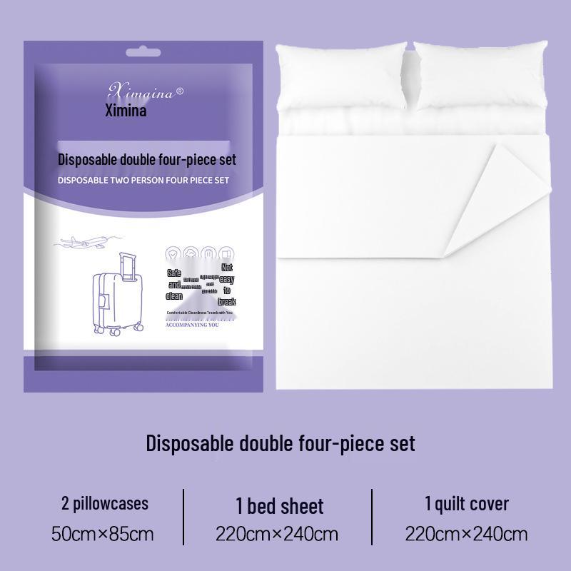 Purple Disposable 4-Piece Non-Woven Bedding Set: Bed Sheet & Duvet Cover for Hotel or Travel. Ideal for Comfortable, Naked Sleeping.