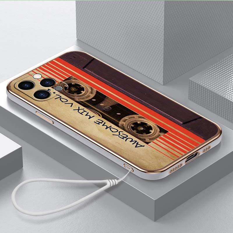 Luxury Plated TPU Phone Case With Lanyard for iPhone 6 6s 7 8 Plus XR XS 11 12 13 14 15 Pro Max Soft Cases A19 Original Retro Cassette Tape Art Cover