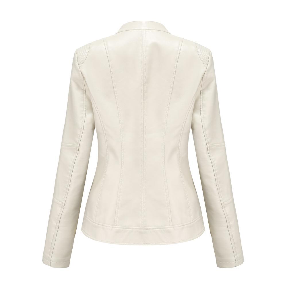 Women's Leather Jacket Women's PU Leather Short Jacket Stand Up Collar Jacket Women's Spring and Autumn Thin Leather Jacket Navy Blue Jacket