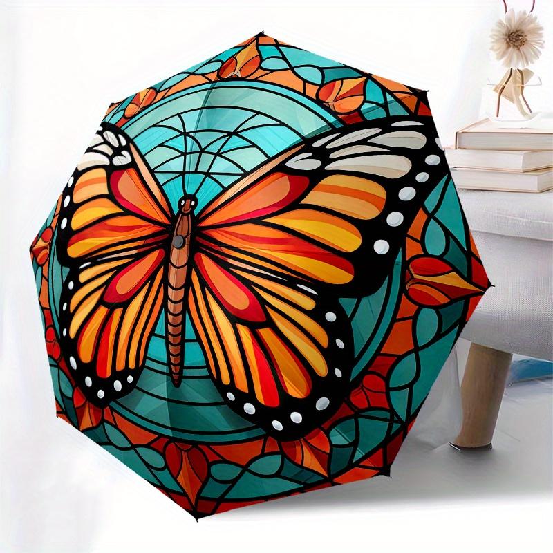 Stained Butterfly Wall Art DecorUmbrella, Portable 3-Fold Compact Umbrella for Men & Women Gift