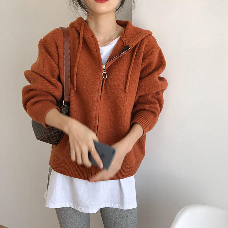 

Harajuku однотонный вязаный кардиган женский корейский вариант свитер на молнии с капюшоном ленивый ветер свободные универсальные укороченные топы пальто L коричневый
