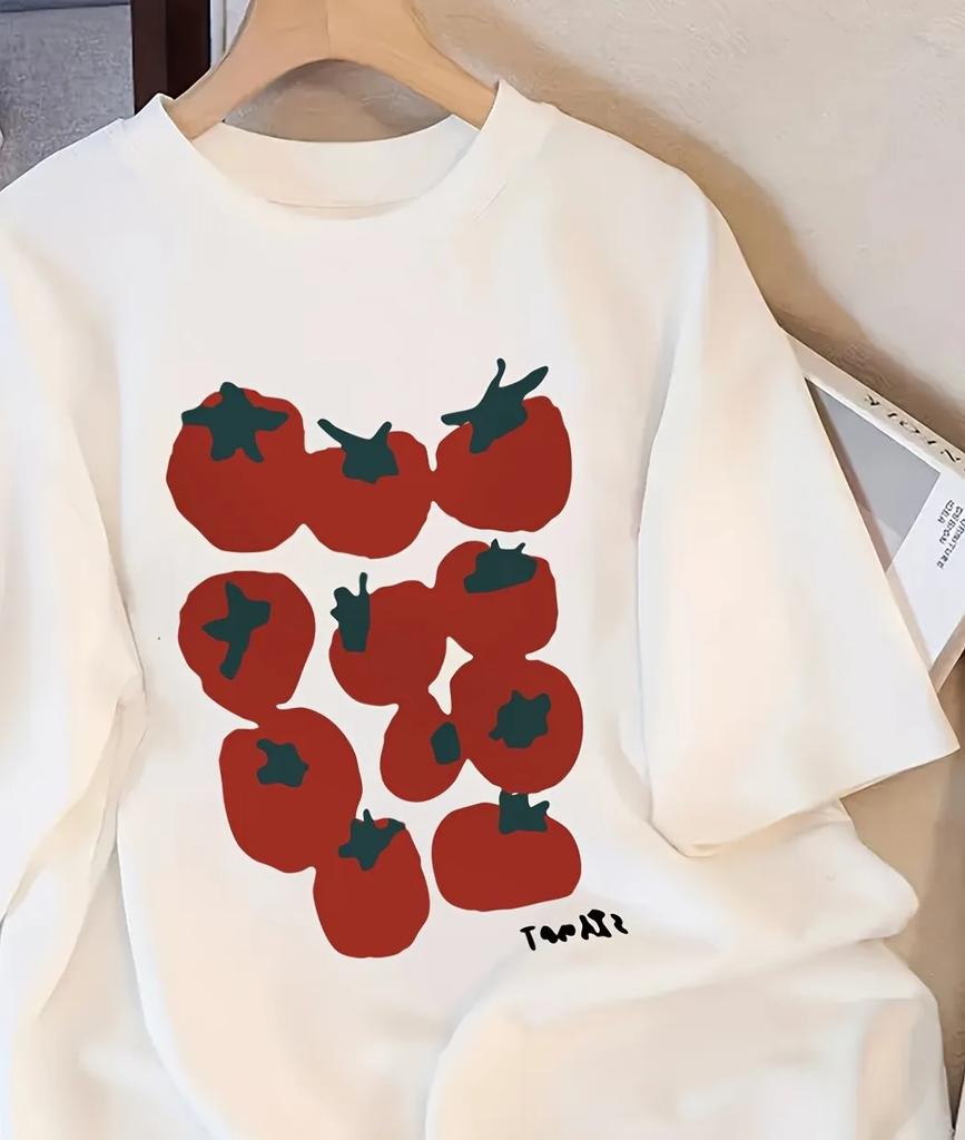Cute Tomato Print T-Shirt Women Short Sleeve Tee Natural Fruit Graphic Top Kawaii Casual Summer Tshirt Friendly Gift