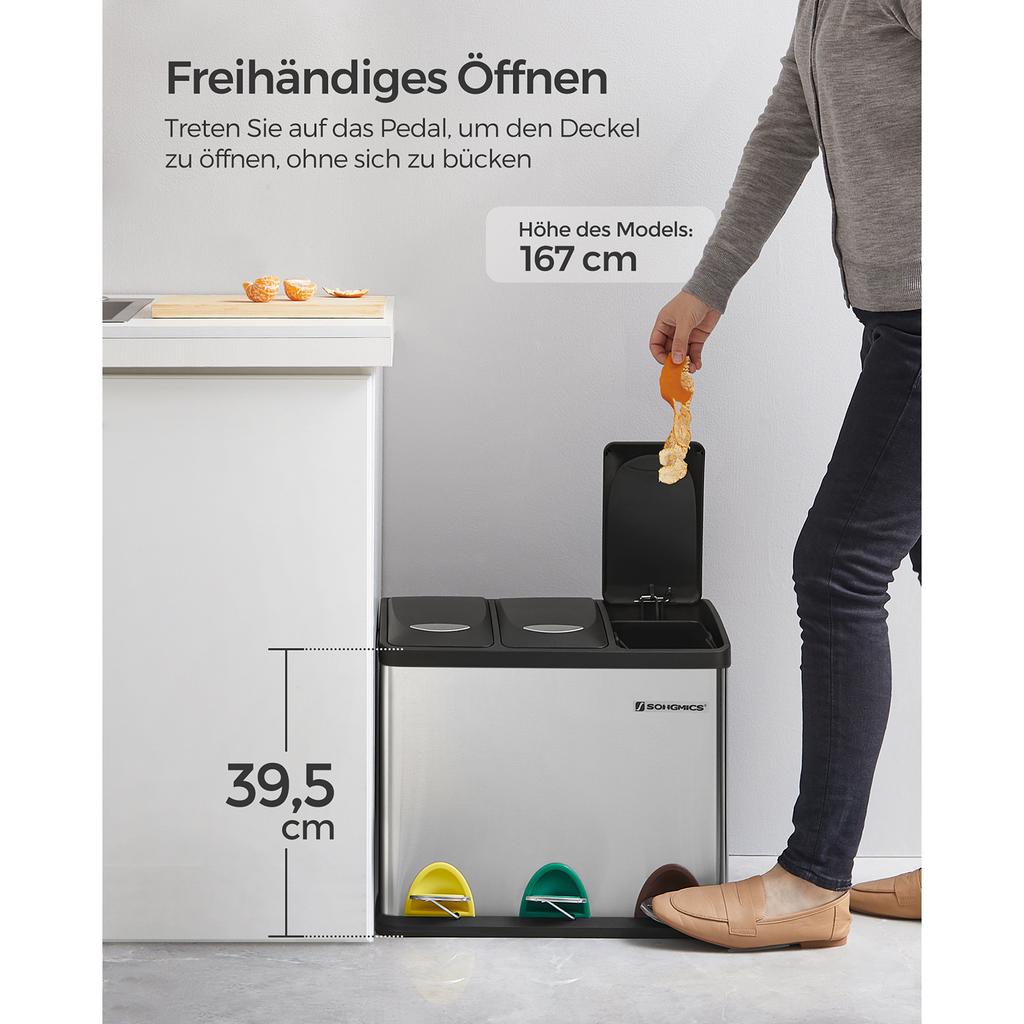 SONGMICS Recycling Bin, 3-in-1 Pedal Bin, 24-Litre Metal Rubbish Bin, Waste Separation System Dustbin for Kitchen, Easy To Clean, Steel, Silver