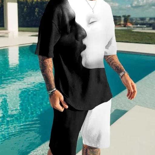 2023 Summer Men's Suit Short Sleeve T-Shirt Print Skeleton Pattern Sportswear Casual Oversized Top Shorts Breathable Sportswea