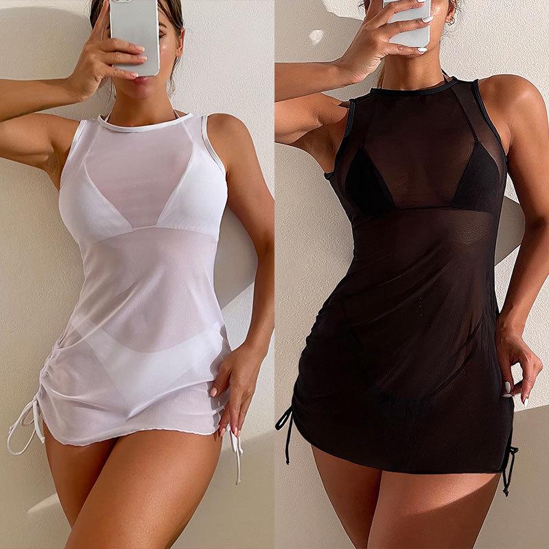 

2024 European & American Drawstring See-Through Swimsuit: Sexy Women s Solid Color Mesh Cover-Up Bikini S чорний