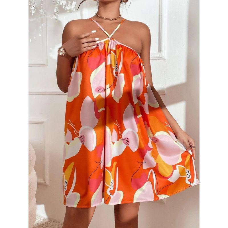 Small Summer Fashion Style Tube Top off-Neck Printed Sexy Open Back Adjustable Halterneck Sleeveless Dress Skirt