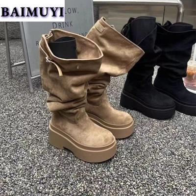 Plateau Overknee Stiefel Damen Hohe Absätze Luxus Chelsea Schuhe Designer Plissee Goth Klobig 2025 Trend Winter Wildleder Schnee Botas Mujer