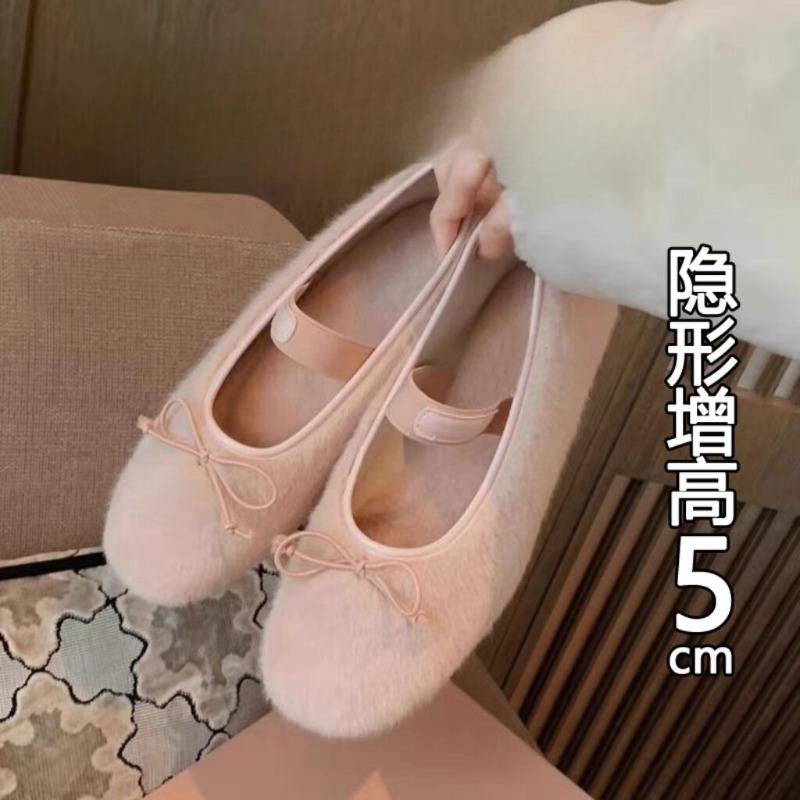 New Fashion Sweet Pink Mink Fur Ballet Flats Women Round Toe Bowtie Plush Inside Mary Janes Shoes Female Elastic Band Moccasins