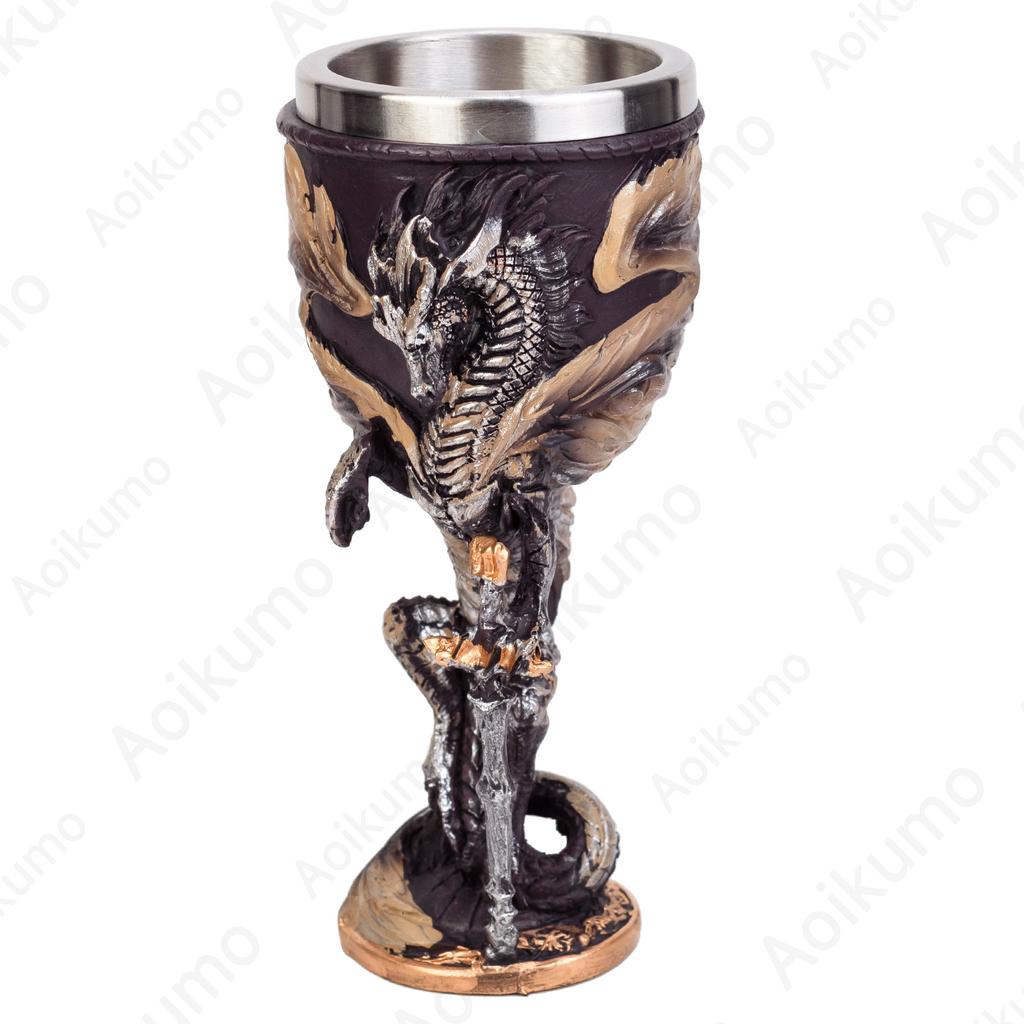 Creative Medieval Dragon Resin Goblet Cup Collection with Stainless Steel Insert Hand Painted Design Wine Goblet for Friend Gift