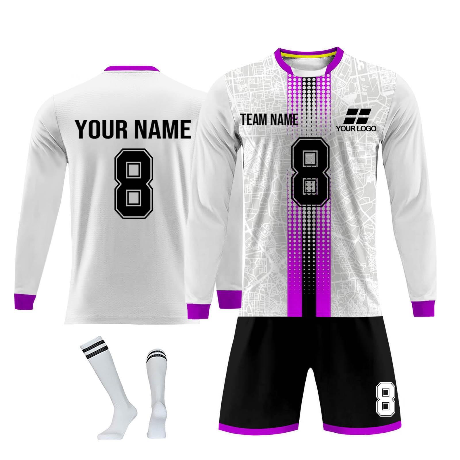 Mens Long Sleeve Soccer Jersey Set Quick Dry Football Uniform Kit with Shorts and Socks for Training Match S