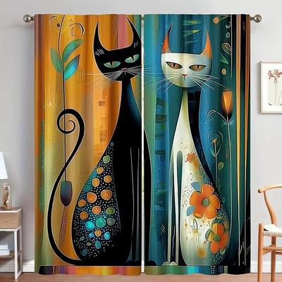 Set Of 2 Cat Design Printed Curtains Bedroom Living Room Kitchen Decoration Home Window Elegant Made Polyester Sitting Treatment