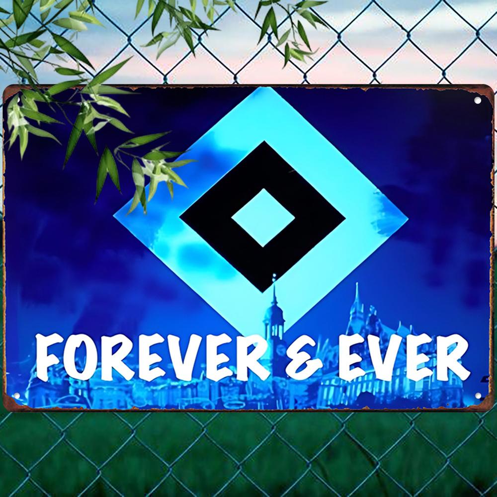 

Hamburger SV Team Inspired Metal Tin Sign Vintage FOREVER EVER Blue White Cityscape Wall Art Durable Decor for Man Cave aluminum 20x30cm