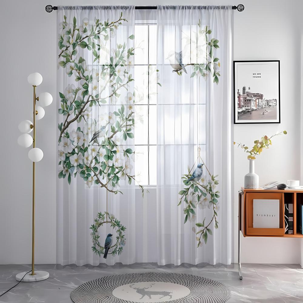 2 Pieces HD Digital Magpie Magnolia Flower Landscape Printed Window Screen Home Decorating Style Decorative Living Room Bedroom