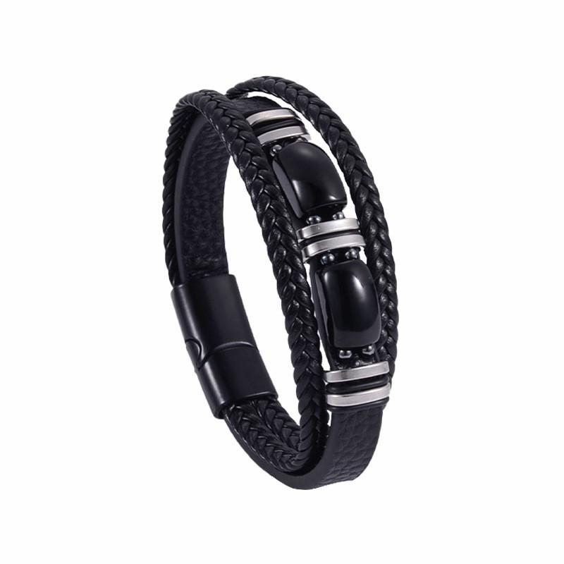 Mens Multi-Layer Leather Bracelet With Tigers Eye Stone Magnetic Clasp Geometric Style Unisex Jewelry