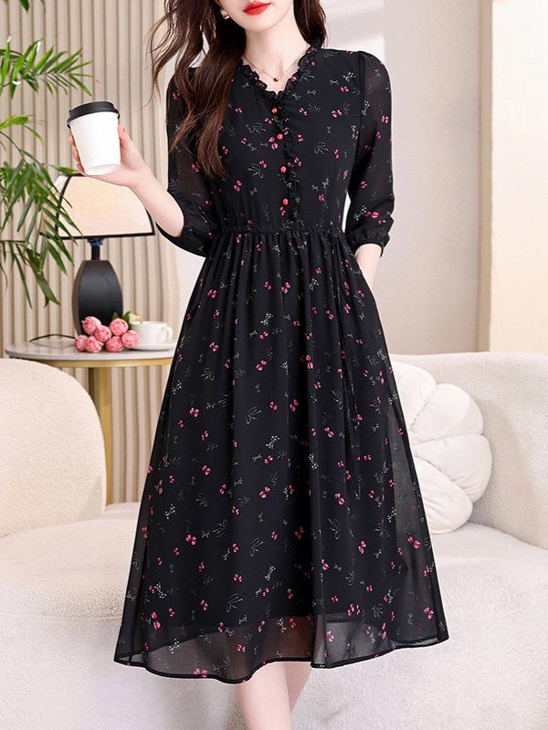 Floral Print Tie-Up Dress with Ruffle Lace for Mid-Age Moms - Long Sleeve, Over-the-Knee, Age-Reducing Design