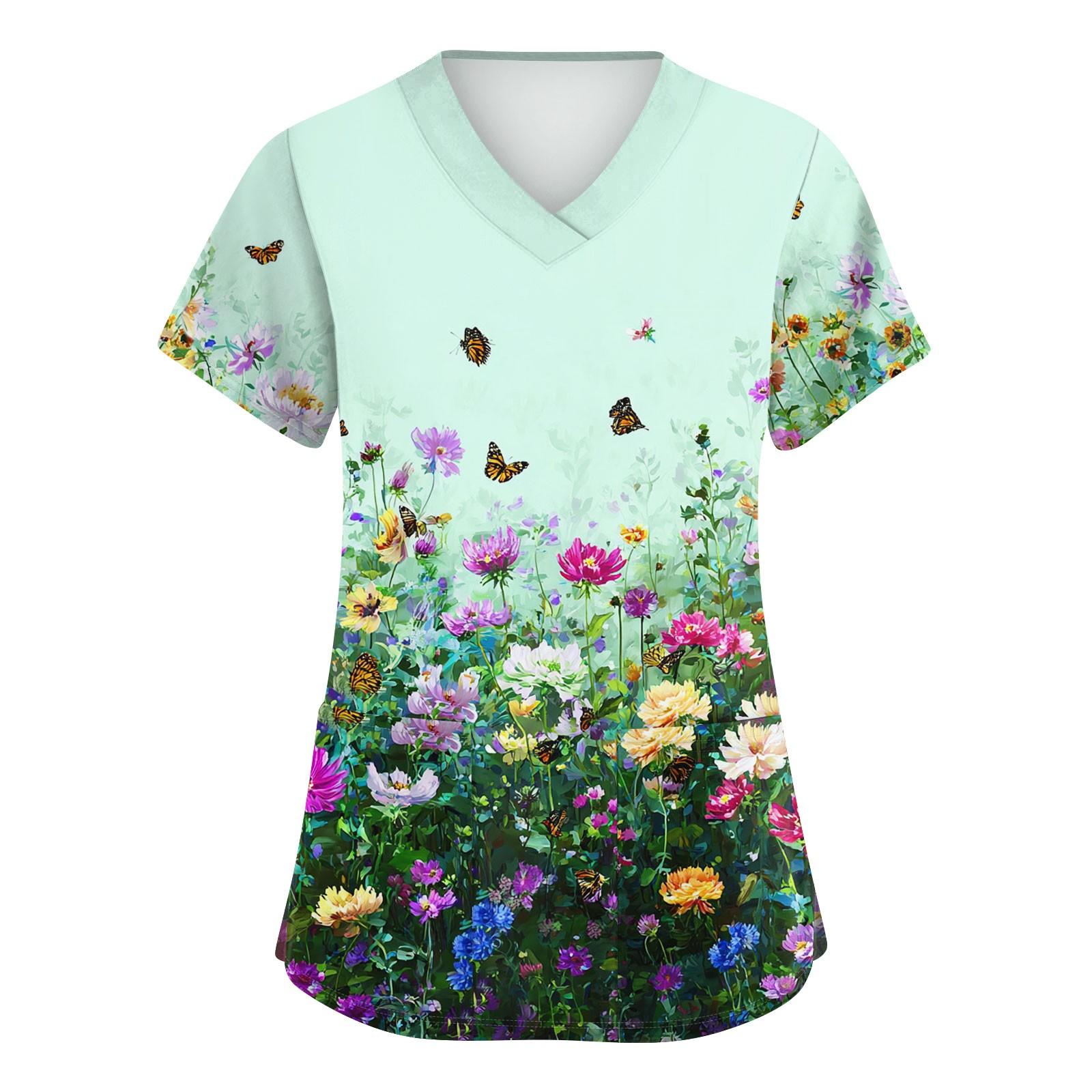 

Женская симпатичная принтованная рабочая одежда с V-образным вырезом, двухслойными карманами, базовым коротким рукавом, пуловером S