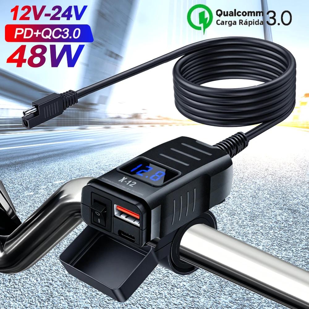 48W PD QC3.0 Motorcycle Charger Dual Ports with Voltmeter & Switch 12V-24V USB Type C Waterproof SAE Handlebar Power Adapter