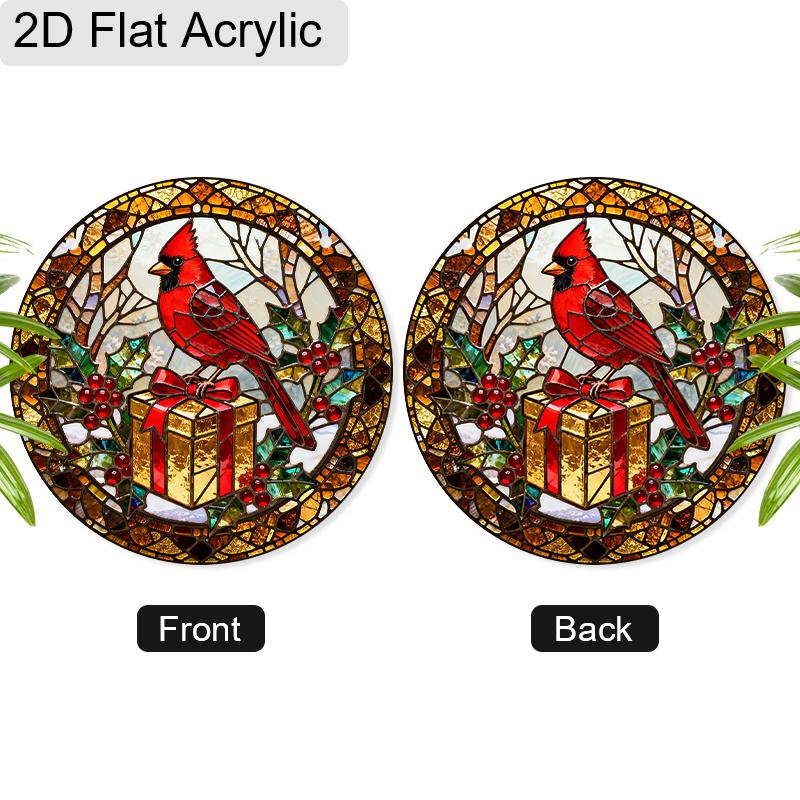 Acrylic Christmas Red Cardinal with Gift Box Suncatcher Stained Glass Effect Window Hanging Ornament Holiday Decor Gifts