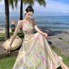 Girl skirt in oil painting backless straps suspender skirt, niche design sense resort style print dress chiffon