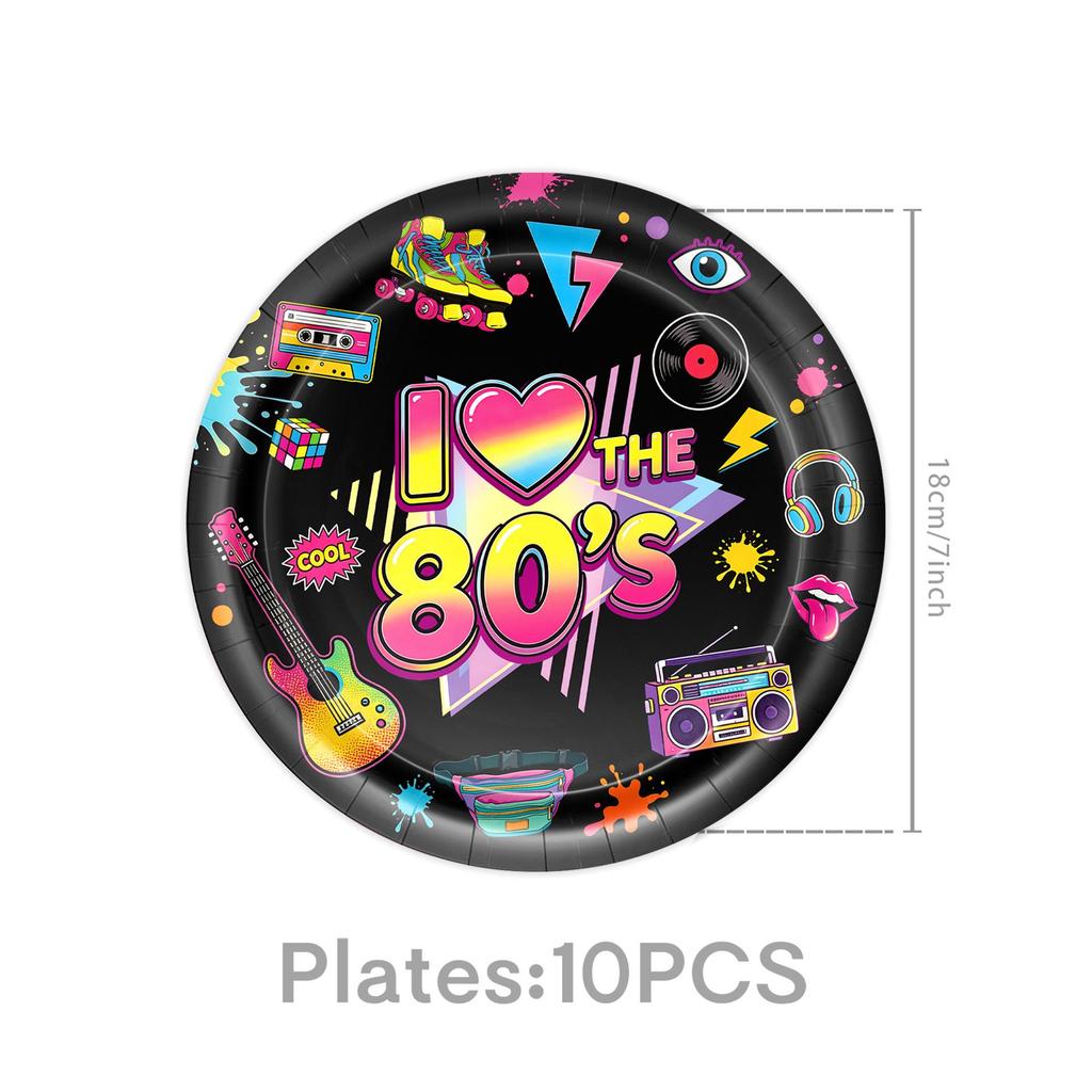 80s Retro Party Decorations: Flags, Plates, Cups, Napkins, Tablecloth