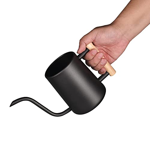 IMEEA Watering Can, 1000ml, Stainless Steel with Wooden Handle, Stylish Gardening Tool, Black