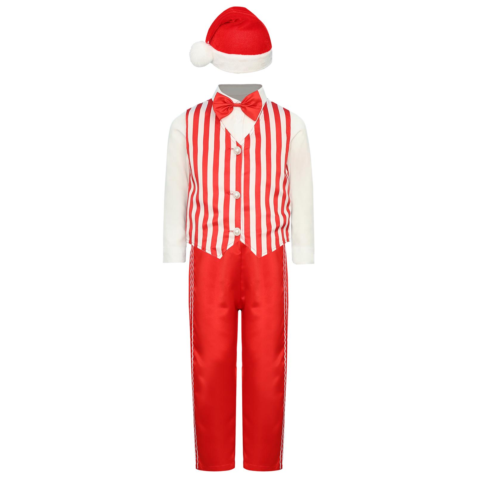 

Boys Christmas Cosplay Set Long Sleeve Shirt Pants Striped Waistcoat Hat Candy Cane Holiday Costume 5-6 Years червоний