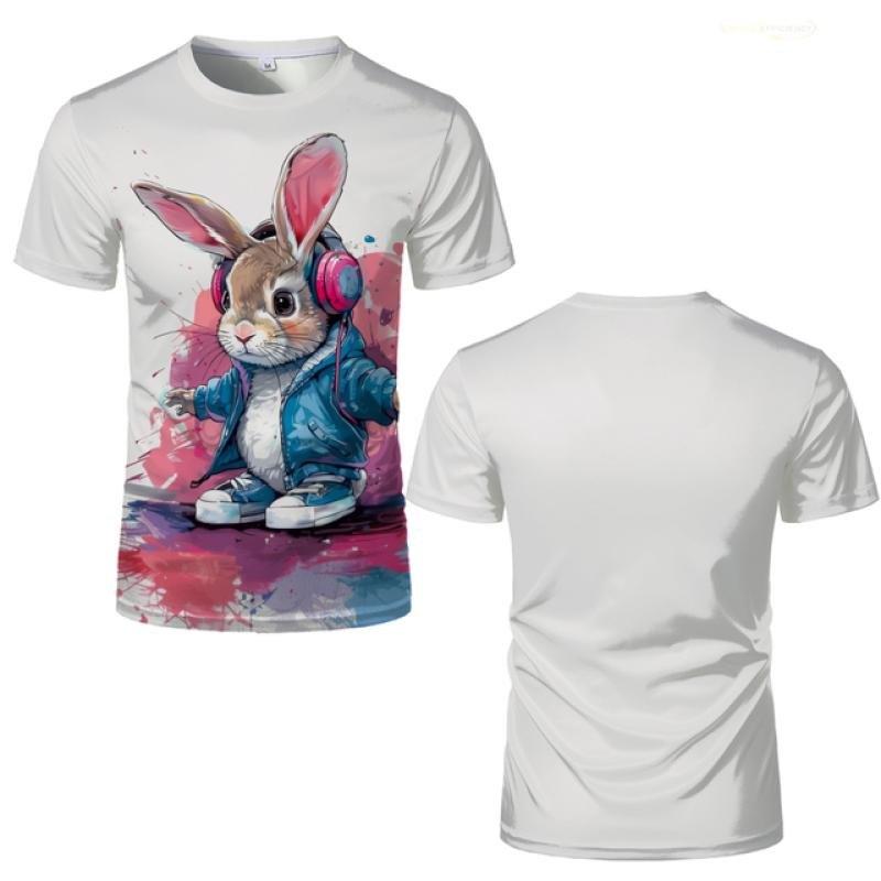 Hip-Hop Bunny Graphic Tee - Urban Streetwear Rabbit with Headphones, Splash Art Design, Soft Polyester, Men's T-Shirt S-XXL