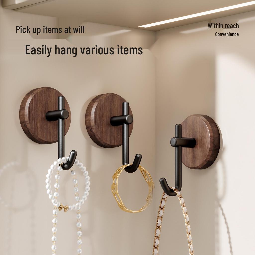 Walnut Solid Wood Door Hook, Nail-Free Wall-Mounted Clothes Hanger for Bedroom Decor