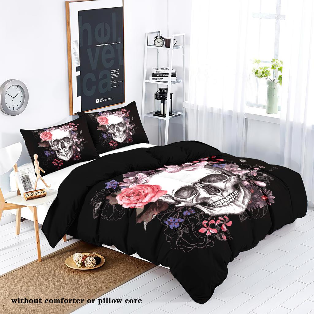 3-piece down duvet cover set with skull flower pattern print (1 duvet cover+2 pillowcases, no core) Halloween themed bedding set