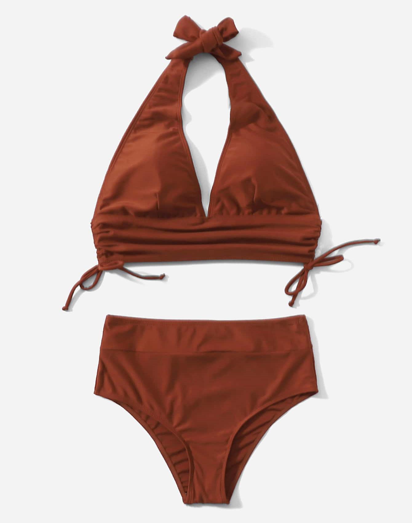 

Сексуальный женский купальник, однотонный купальник с лямкой на шее и шнурком, комплект бикини с высокой талией, пляжная одежда, купальные костюмы L коричневый