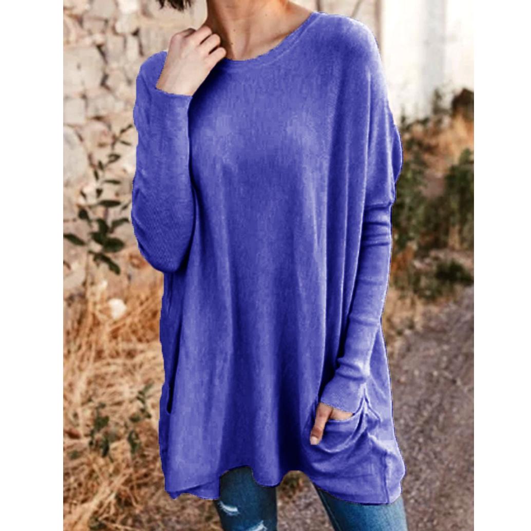 

Весенне-осенняя футболка с длинным рукавом и круглым вырезом, повседневные однотонные женские свободные футболки с карманами 5XL