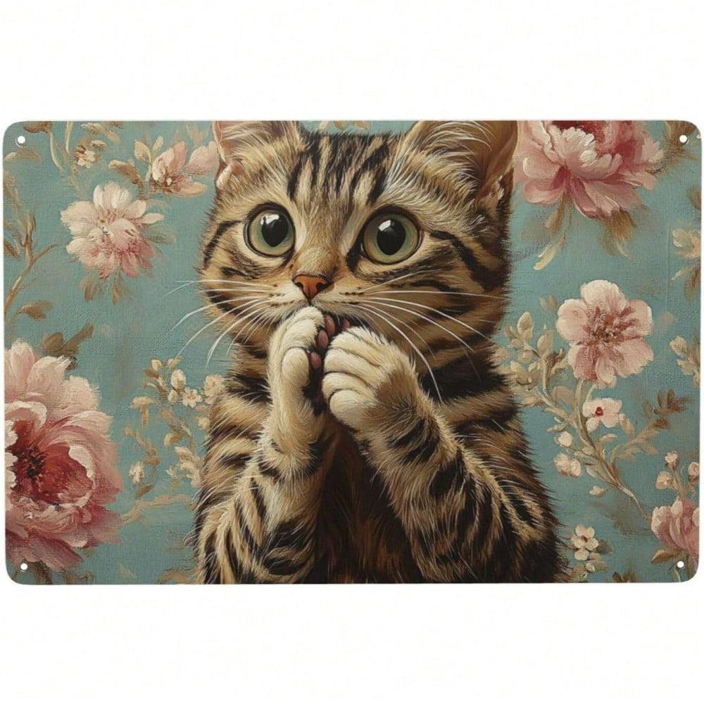 Tin Wall Art Metal Sign 8x12 Inch Funny Cat Covering Mouth Vintage Home Decor Poster Cafe Bar Office