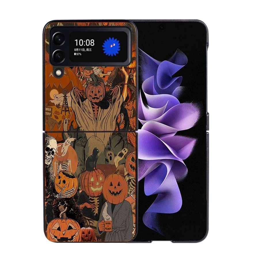 Halloween Herbst Kunst Hexe Katze Handyhülle Für Samsung Z Flip 7 6 5G Galaxy Z Flip4 Z Flip5 Z Flip3 Hülle Schwarze Harte PC Schale Prote