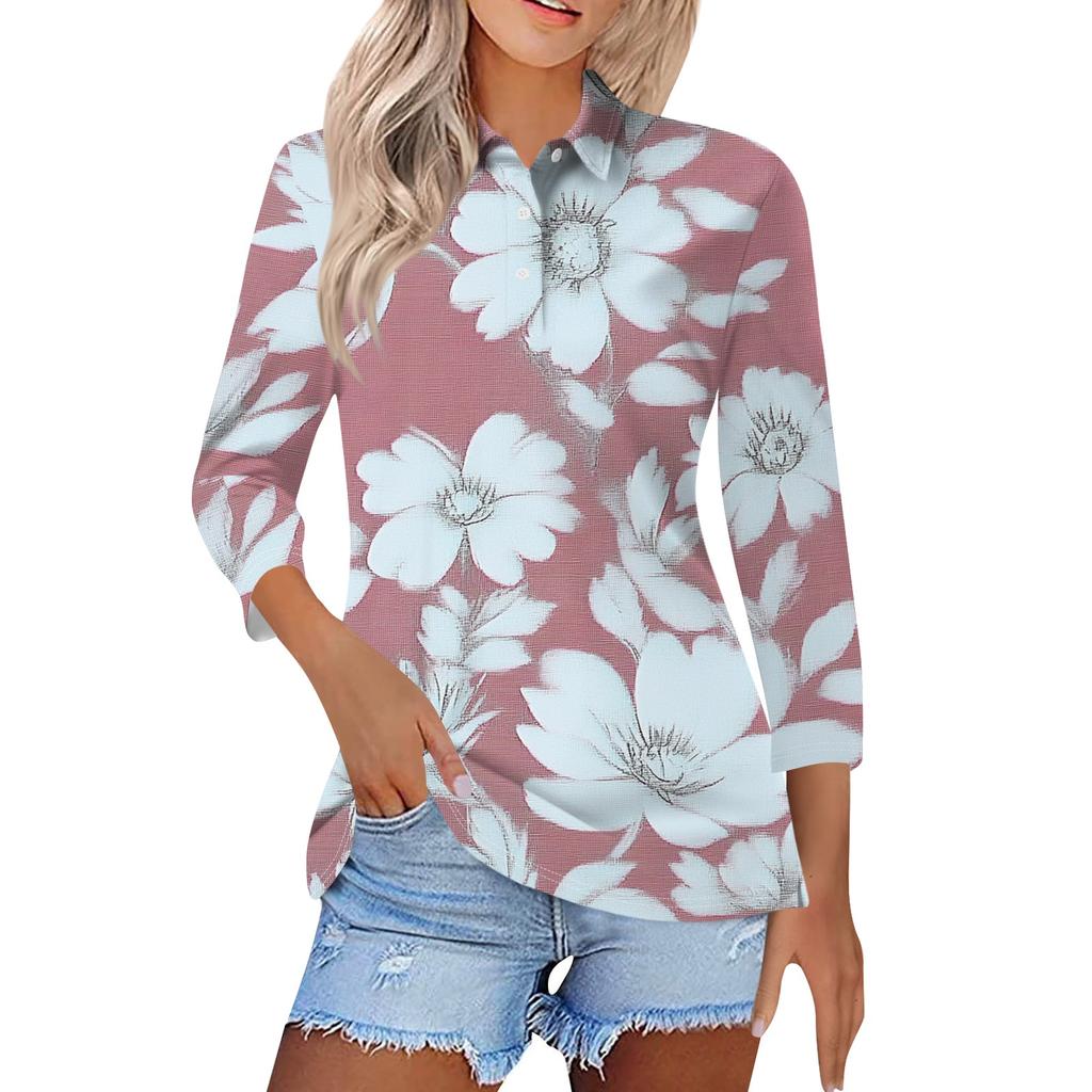 Women's Fashion Casual Button 3/4 Sleeve Vintage Floral Print Lapel Top
