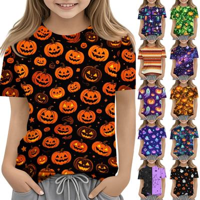 Kids Halloween Printed Short Sleeve T-Shirt Round Neck Loose Fit Casual Top