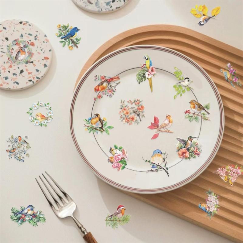 50 Sheets Decorative Sticker Bottle Sticker Reward Sticker Watercolor Bird Graffiti Sticker Decorative Label Sticker
