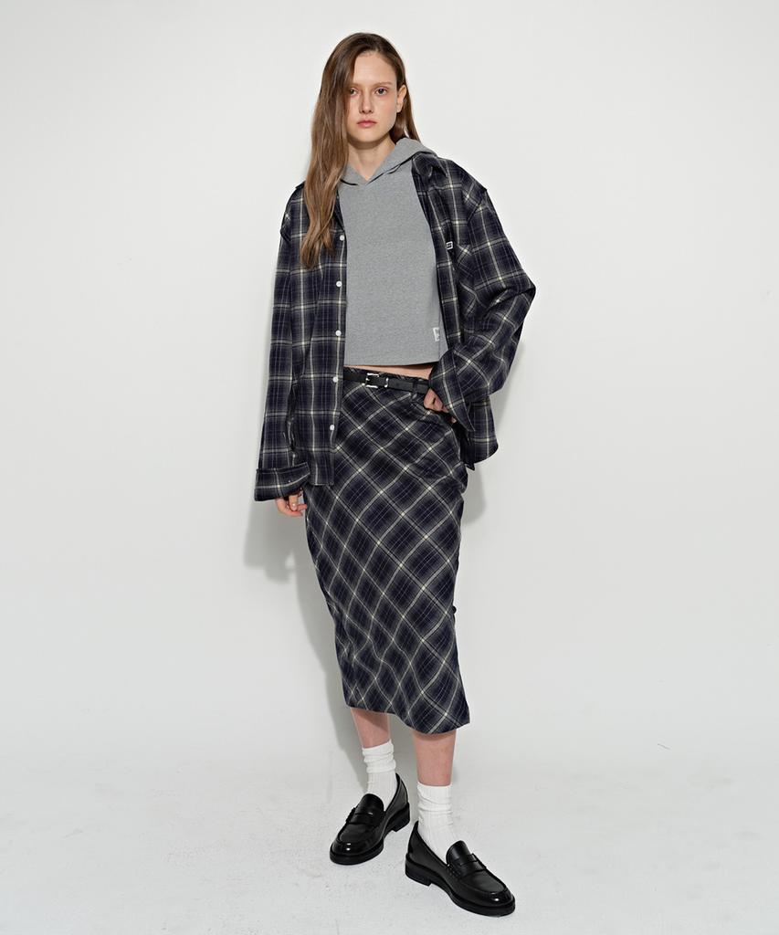 Beulaiteun Slit Check Long Skirt Blue